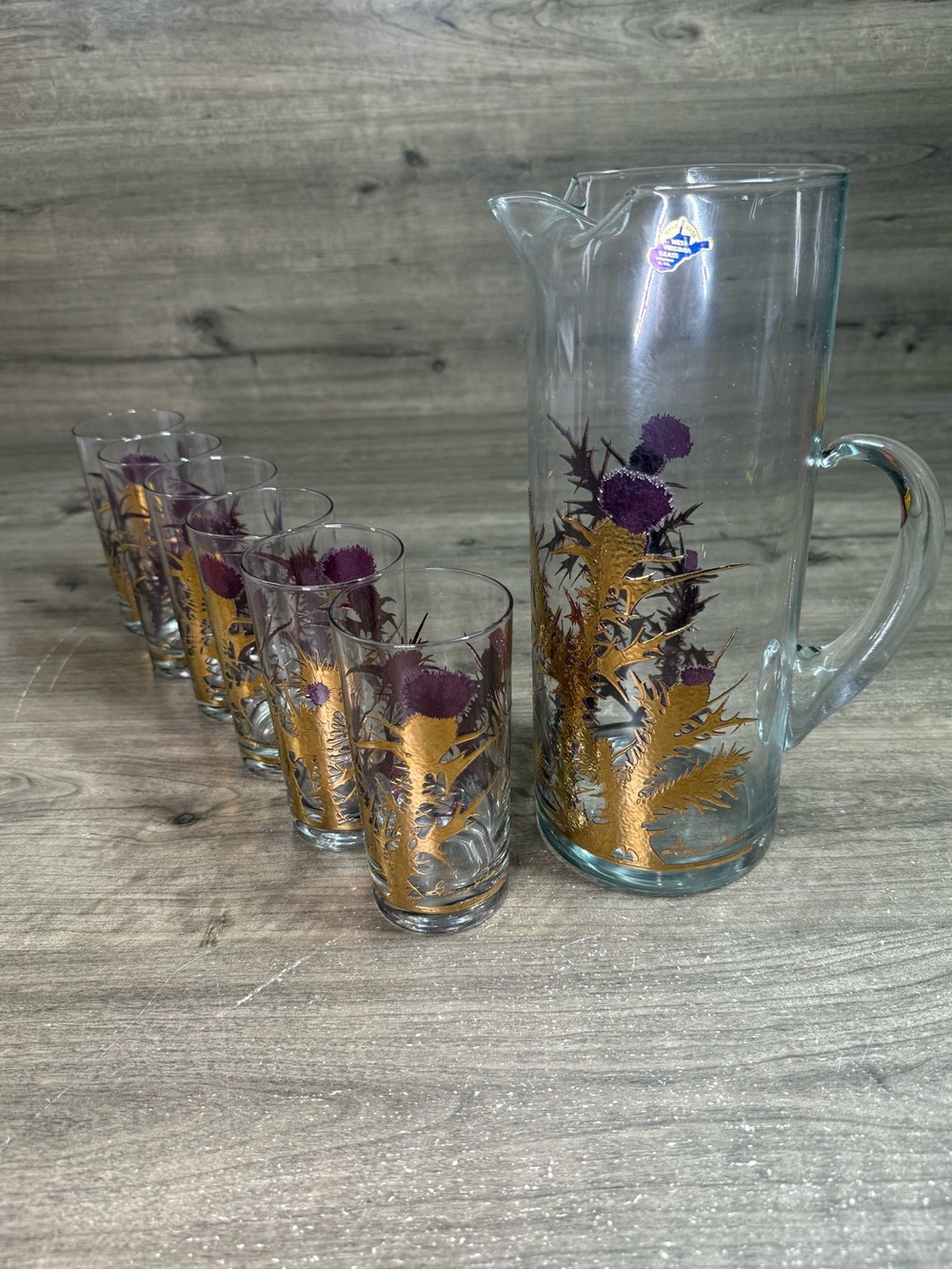 G. Duncan W Virginia 22k Gold Purple Thistle Highball (6) Glasses w/ Pitcher
